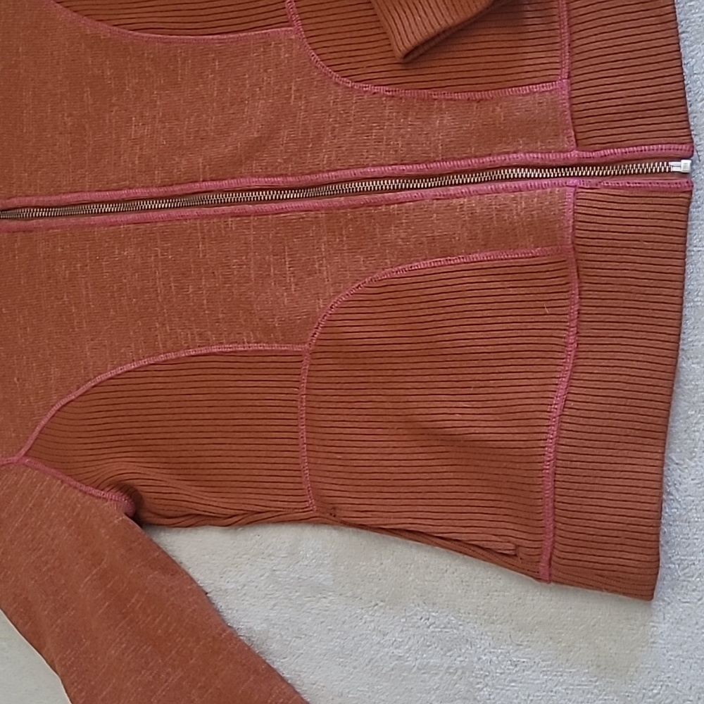 PrAna Breathe Rust Orange Zip Up Sweater XL Ribbed Trim Mock Neck Yoga Outdoor - Picture 6 of 15